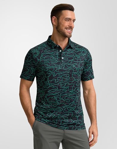 Obla Mens Golf Polo Shirts Short Sleeve Dry Fit Performance Moisture Wicking Casual Print Collared Golf Shirts for Men(White Pink Geometry_M)