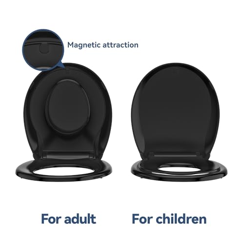 JINGZE Round Toddler Toilet Seat Adult/Child,Built-In Potty Training Seat, Soft Quiet Close Non-Slip Seat,Magnetic Kids Seat and Cover,Black