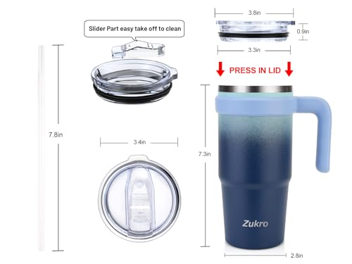 Zukro 24 oz Triple Insulated Tumbler with Handle - Leak Proof Stainless Steel Cup with Straw & Lid - No Sweat Double-wall Travel Mug for Hot and Cold Drinks - Dishwasher Safe, Cupholder Friendly