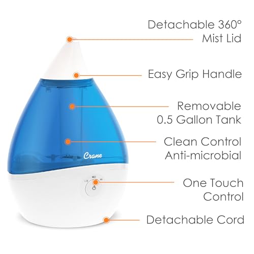 Crane Droplet Ultrasonic Small Air Humidifiers for Bedroom and Office, 0.5 Gallon Cool Mist Humidifier for Plants and Home, Humidifier Filters Optional, Blue and White