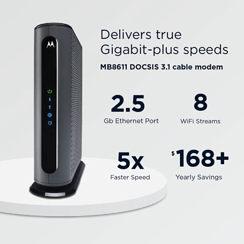 Motorola MB8611 DOCSIS 3.1 Multi-Gig Cable Modem | Pairs with Any WiFi Router | Approved for Comcast Xfinity, Cox Gigablast, Spectrum | 2.5 Gbps Port | 2500 Mbps Max Internet Speeds