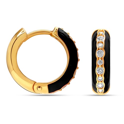LeCalla 925 Sterling Silver Hoop Earrings | 14K Gold Plated Black Enamel Huggie Hoops | Dual-Tone SMALL Zirconia Earring for Teens 15 MM