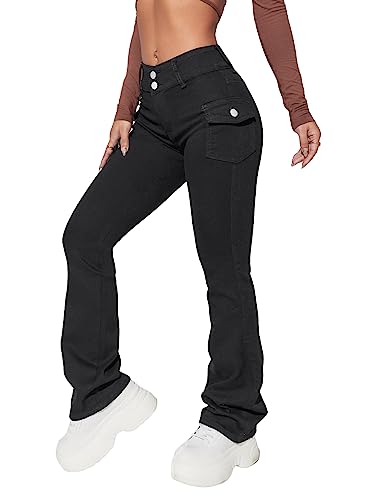 Milumia Women's Casual Skinny Wide Leg Flap Pocket Extra Long Stacked Denim Jeans Pants Black X-Small