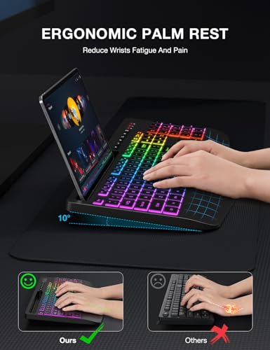 SABLUTE Wireless Keyboard with 9 Backlit Effects, Wrist Rest, Phone Holder, 2.4G Lag-Free Ergonomic Keyboards, Rechargeable Silent Cordless, for Computer, Laptop, Windows, Work, School (Keyboard Only)