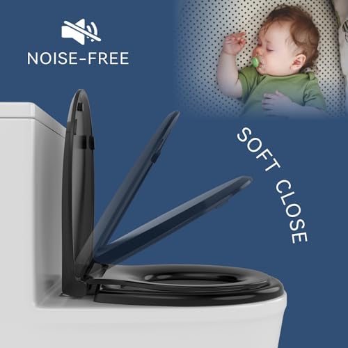 JINGZE Round Toddler Toilet Seat Adult/Child,Built-In Potty Training Seat, Soft Quiet Close Non-Slip Seat,Magnetic Kids Seat and Cover,Black