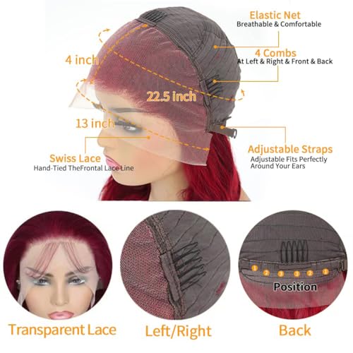 Bestdilin 13x4 99j Burgundy Lace Front Wigs Human Hair 220% Density Body Wave Lace Frontal Wig Pre Plucked with Baby Hair 20 Inch HD Transparent Lace Wine Red Colored Glueless Wigs for Women