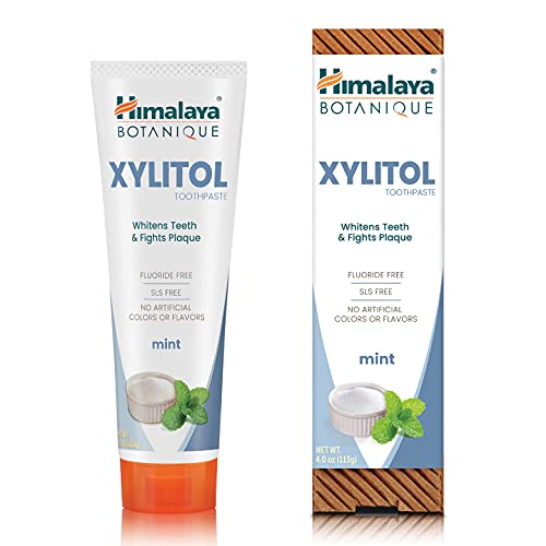 Himalaya Botanique Whitening Antiplaque Toothpaste with Xylitol, Fluoride Free, for Plaque Reduction & Gentle Whitening, 4 oz, 2 Pack