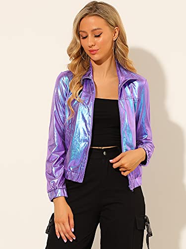 Allegra K Women's Holographic Shiny Party Christmas Long Sleeve Lightweight Zipper Metallic Jacket Small Yellow