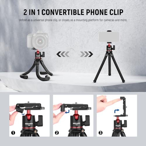 NEEWER Camera Tripod with Remote, Mini Flexible Tripod Stand with Action Camera Mount Adapter for Hero 12 11 10 9, Hidden Phone Holder with Cold Shoe, Vlog Phone Tripod for iPhone, Max Load 4.4lb, T30