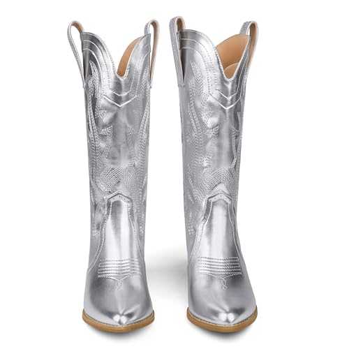 Zzheels Women's Cowboy Boots Embroidered Western Cowgirl Boots Pointed Toe Chunky Heel Mid Calf Cowgirl Boots White US11