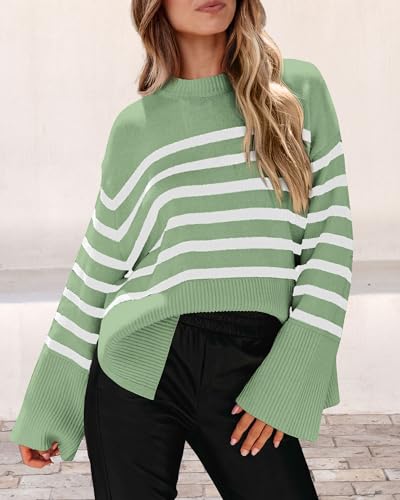 PRETTYGARDEN Women's 2024 Fall Striped Sweater Oversized Long Sleeve Crew Neck Side Slit Casual Trendy Knit Pullover Sweaters (Beige,Small)