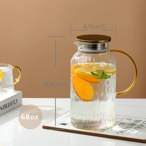 Wlasss Glass Pitcher with Lid, 68 oz Glass Pitcher, Heat Resistant Glass Pitchers with Handle and Lid for Juice, Coffee, Milk, Cold or Hot Beverages, Easy To Clean