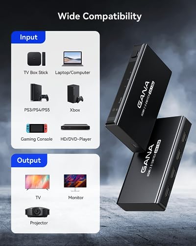 HDMI Switch 3 in 1 Out 4K@60Hz, GANA HDMI Splitter Switcher with Remote, Aluminum HDMI 2.0 Switch Box Hub for 3D, HDCP2.2, HDR, Compatible with Xbox, PS5/4/3,Fire Stick,Roku,Blu-Ray Player, Black