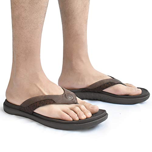 ONCAI Sandals for Men, Comfort Orthotic Plantar Fasciitis Beach Sport Athletic Soft Flip Flops with Yoga Foam Arch Support Brown Size 14