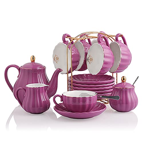 Porcelain Tea Sets British Royal Series, 8 OZ Cups& Saucer Service for 6, with Teapot Sugar Bowl Cream Pitcher Teaspoons and tea strainer for Tea/Coffee (Coral Pink)