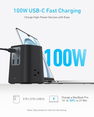 Anker Charging Station (100W), 9-in-1 USB C Power Strip with 300J Surge Protection, for iPhone 15 and MacBook, 5 ft Flat Cable and Plug, 4 USB C and 2 USB A Ports, 3 AC Outlets, for Home, Office