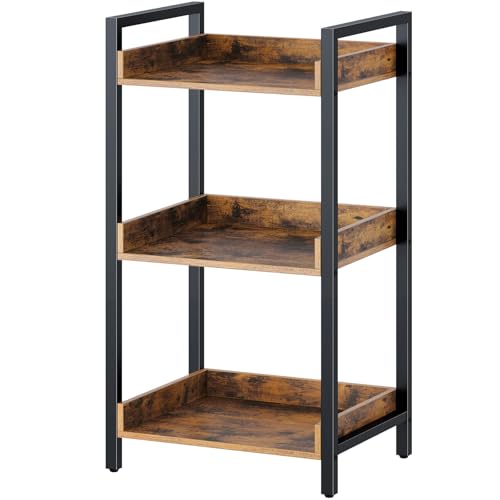 Rolanstar Bookshelf, 3-Tier Storage Rack, Narrow Corner Bookshelf, Display Wooden Shelves for Living Room, Bathroom, Balcony, Kitchen,Rustic Brown