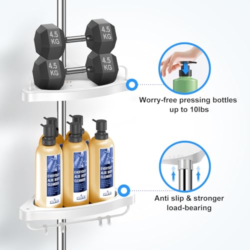 Corner Shower Caddy Tension Pole: Adjustable Stainless Steel Shower Organizer with 4 Tier Shelf for Bathroom Bathtub Tub Shampoo - Floor Standing Rack Bath Storage Holder with Rust Proof Rods