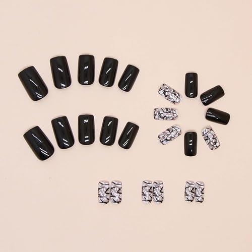 Press on Nails Short Square Fake Nails Black White Mature sexy style Acrylic Nails with Cracked meteorite fragments Designs Glitter Full Cover Glossy Black False Nails Stick on Nails for Women 24Pcs