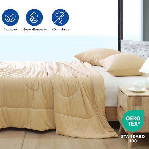 PHF Cooling Comforter Set Queen Size, 3PCS Soft Breathable Lightweight Summer Bedding Set for Hot Sleepers, Silk Smooth Double-Side Cooling Bed Set with 1 Comforter and 2 Pillowcases, Beige