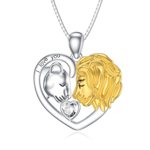 LONAGO Lion Heart Necklace Lioness and Lion Necklace with Birthstone Silver Jewelry Gift for Women (April - Created Diamond)