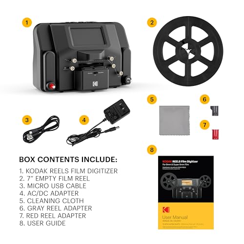 KODAK REELS 8mm & Super 8 Films Digitizer Converter with Big 5” Screen, Scanner Converts Film Frame by Frame to Digital MP4 Files for Viewing, Sharing & Saving on SD Card for 3” 4” 5” 7” and 9” Reels