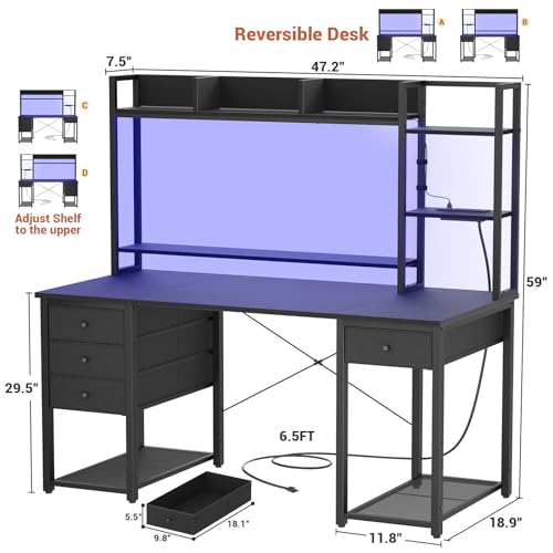 Aheaplus Desk with LED and Outlets, Gaming Desk with Hutch, 47.2'' Computer Desk with Drawers, Reversible Office Desk with Storage Bookshelf Large Workstation Desk with Shelf, Desk for Home, Black