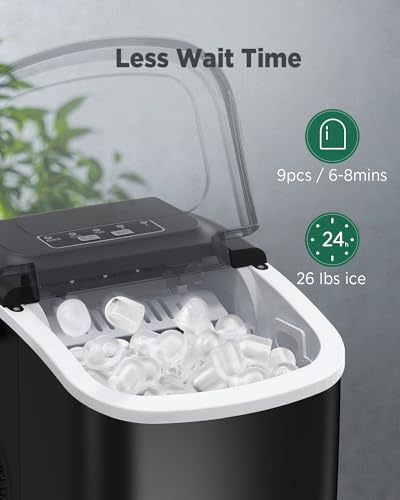 Silonn Countertop Ice Maker, 9 Cubes Ready in 6 Mins, 26lbs in 24Hrs, Self-Cleaning Ice Machine with Ice Scoop and Basket, 2 Sizes of Bullet Ice for Home Kitchen Office Bar Party, Black