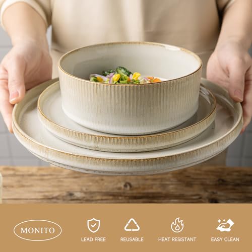 MONITO Ceramic Dinnerware 16 Pieces Bonbon Beige Dinner Set,Plates Pasta Bowls Cereal Bowls Reactive Change Glaze Dish Sets, Modern Stoneware Dishes,Gift.