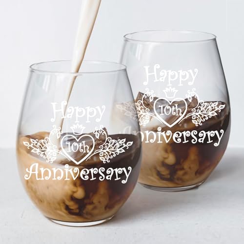 Perfectinsoy 10 Years of Being Mrs Always Right Wine Glasses Set of 2 with Metallic Memorial Card, 10th Wedding Birthday Gifts for Parents, Wife, Soulmate, Couple, Funny 10 Years Milestone Gift