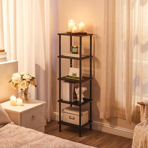 HOOBRO 5-Tier Corner Shelf Stand, Corner Square Rack Display Shelf, Tall Storage Rack Plant Stand, Corner Bookcase for Small Spaces, Living Room, Home Office, Kitchen, Black BK50CJ01