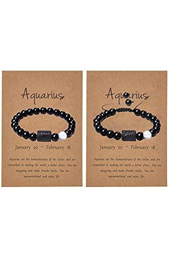 Frodete 2Pcs Zodiac Bracelet for Men Women,8mm Natural Black Onyx Stone Star Sign Constellation Horoscope Bracelet Gifts Capricorn