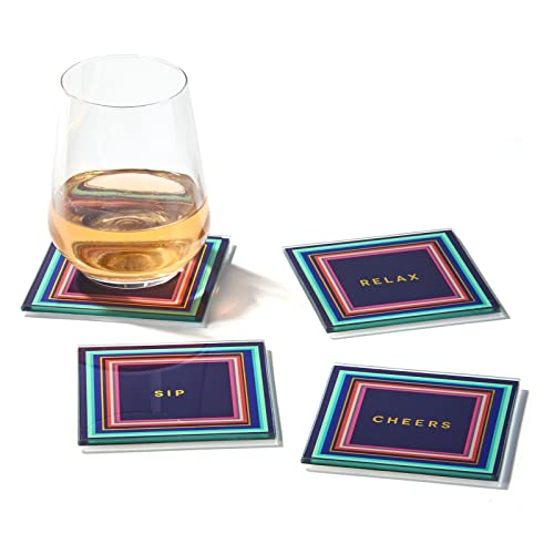 Trina Turk Glass Drink Coasters, Set of 4 Absorbent Beverage Coasters with Elevated Rim & Fun Phrases, Use for Tabletop Protection, Pillar Candle Holder or Small Planter Plate, 4x4” Square