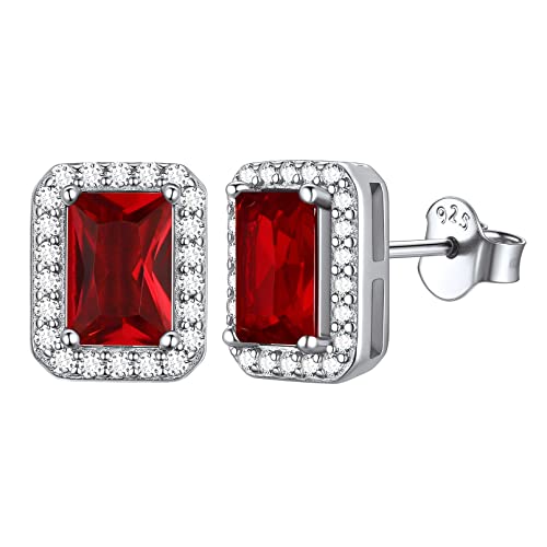 ChicSilver 925 Sterling Silver Birthstone Stud Earrings for Women, Hypoallergenic Emerald Cut Created Red Ruby Halo Stud Earrings 7MM July Birthday Jewelry Gift