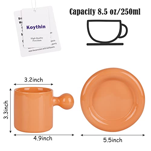 Koythin Ceramic Coffee Mug, Cute Mug Ball Handle with Saucer for Office and Home, Creative Cup with Comfortable Handle, 10 oz/300 ml for Latte Tea Milk (Candy Orange)