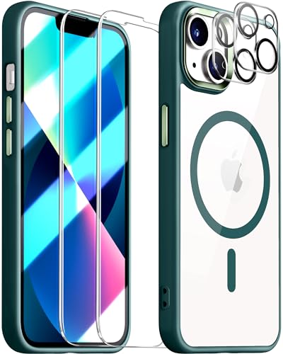 Dssairo Magnetic for iPhone 13 Case，with 2× Screen Protector + 2× Camera Protector [Compatible with MagSafe] Shockproof Phone Bumper Cover，Anti-Scratch Clear Back (Alpine Green, iPhone 13)…