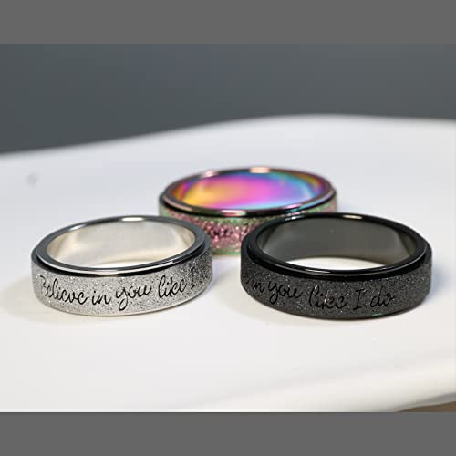 LuckyAmor Men's 8MM Black/Silver/Rainbow Stainless Steel Spinner Ring Band for Anxiety Relief Items for Men Sandblast Glitter Finish Size 7 8 9 10 11 12 (9, Silver)