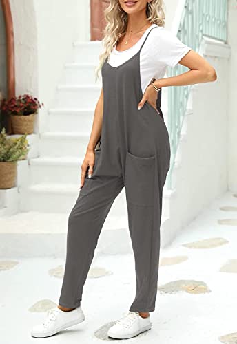 Fisoew Women's Summer Sleeveless Loose Casual V Neck Jumpsuits Spaghetti Strap Long Pants Baggy Overalls with Pockets