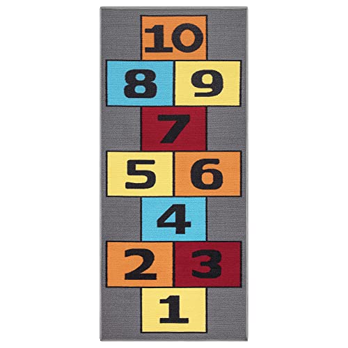 Ottomanson Children's Garden Collection Non-Slip Rubberback Hopscotch Design 3x6 Kid's Runner Rug, 2'7" x 6', Green