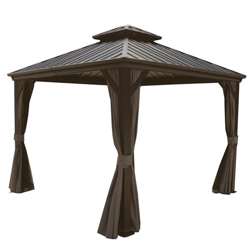 Kozyard Caesar 10'x10' Hardtop Gazebo - Permanent Metal Pavilion with Netting and Shaded Curtains for Patio, Backyard, and Deck - Galvanized Steel Outdoor Aluminum Canopy, Double Roof Gazebo (Brown)
