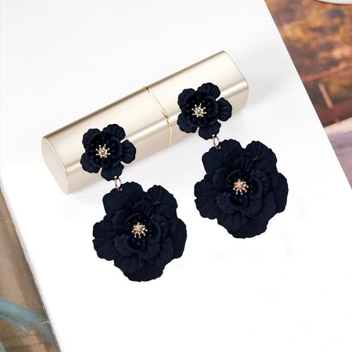 Just Follow Large Double Flower Earrings Candy Color Metal Flower Dangle Earrings Romantic Boho Sweet Flower Statement Earrings for Women Girl Wedding Party Jewelry (Black)