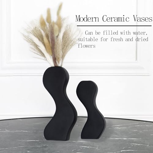 Modern Black Ceramic Vases Set of 2,Twisted Shape Pampas Flower Vase Curved splicable Design Decorative Vase for Flower Living Room, Bedroom, Bookshelf, Fireplace, Coffee Table, Office (Black)