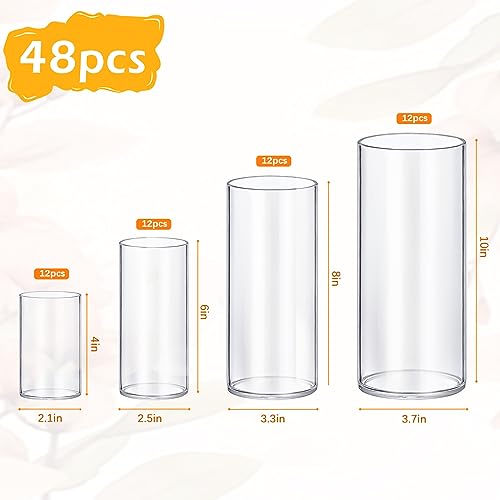 4 Pack Glass Cylinder Vases 4,6,8,10 Inch Tall Clear Flower Vase Hurricane Floating Candle Holder for Table Centerpiece Wedding Home Decor