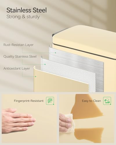 Nunsino Small Bathroom Trash Can with 15 Garbage Bags,2.6 Gallon Stainless Steel Garbage Can with Lid Soft Close,Small Trash Bin for Bathroom,Kitchen,Home Office,Almond Yellow