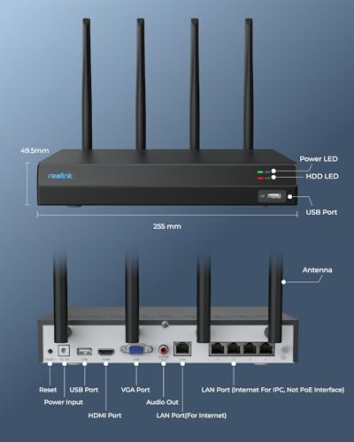 REOLINK 4K 12CH WiFi NVR with Wi-Fi 6 and 2.4/5 GHz Dual-Band WiFi, Built-in 2TB HDD, Support 16MP/12MP/8MP/5MP/4MP Reolink Cameras, 24/7 Recording Home Security Camera System, Not PoE Ports, RLN12W