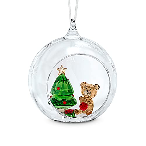 SWAROVSKI Christmas Scene Ornament, for Hanging on a Tree or for Display, Clear Crystal with Teddy Bear and Tree, Part of The Swarovski Joyful Ornaments Collection