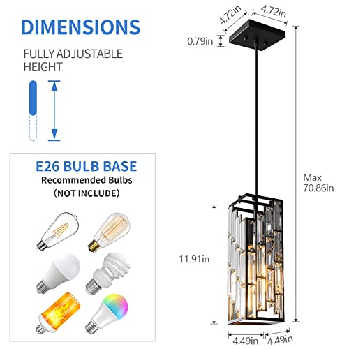 FDPBY Black Pendant Lighting Modern Pendant Light, Mini Crystal Chandeliers,Adjustable Pendant Light Fixture for Kitchen Island Dinning Room Bedroom (1 Pack)