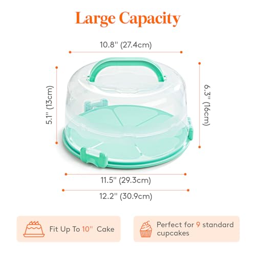 Lifewit Cake Carrier with Lid and Handle, Two Sided Cupcake Carrier Holder for 10” Cake or 9 Standard-Sized Cupcakes, Plastic Round Cake Transport Storage Container Stand for Pies and Cookies, Green