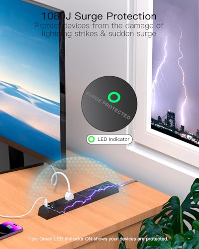 Surge Protector Power Strip - 6 Outlets 4 USB Charging Ports, 5Ft Braided Extension Cord, Flat Plug, Overload Protection, Wall Mount for Home Office, Dorm Room Essentials, Black