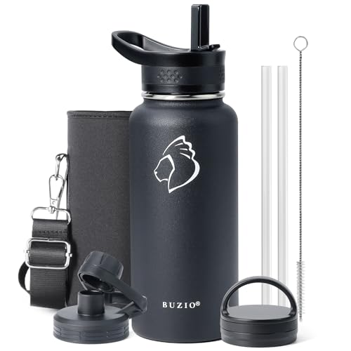 BUZIO 32 oz Water Bottle Insulated with Straw & 3 lid and Carrying Pouch, Leak Proof Anti-Slip Stainless Steel Water Flask Jug, Cold for 48 Hrs Double Vacuum Thermo Canteen, BPA-Free, Black